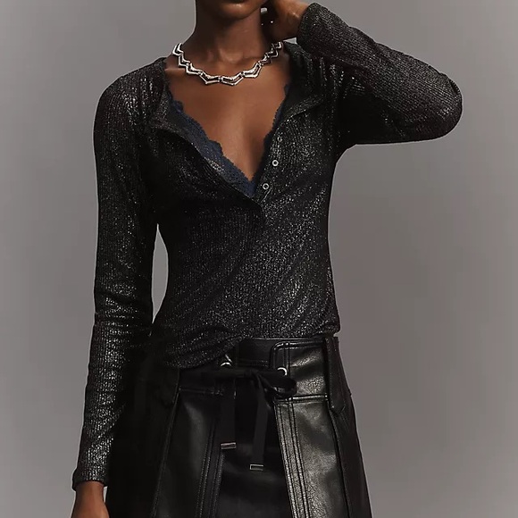 Pilcro Tops - Pilcro Andie Ribbed Spotlight Henley Top Black Metallic Shimmer Going Out S